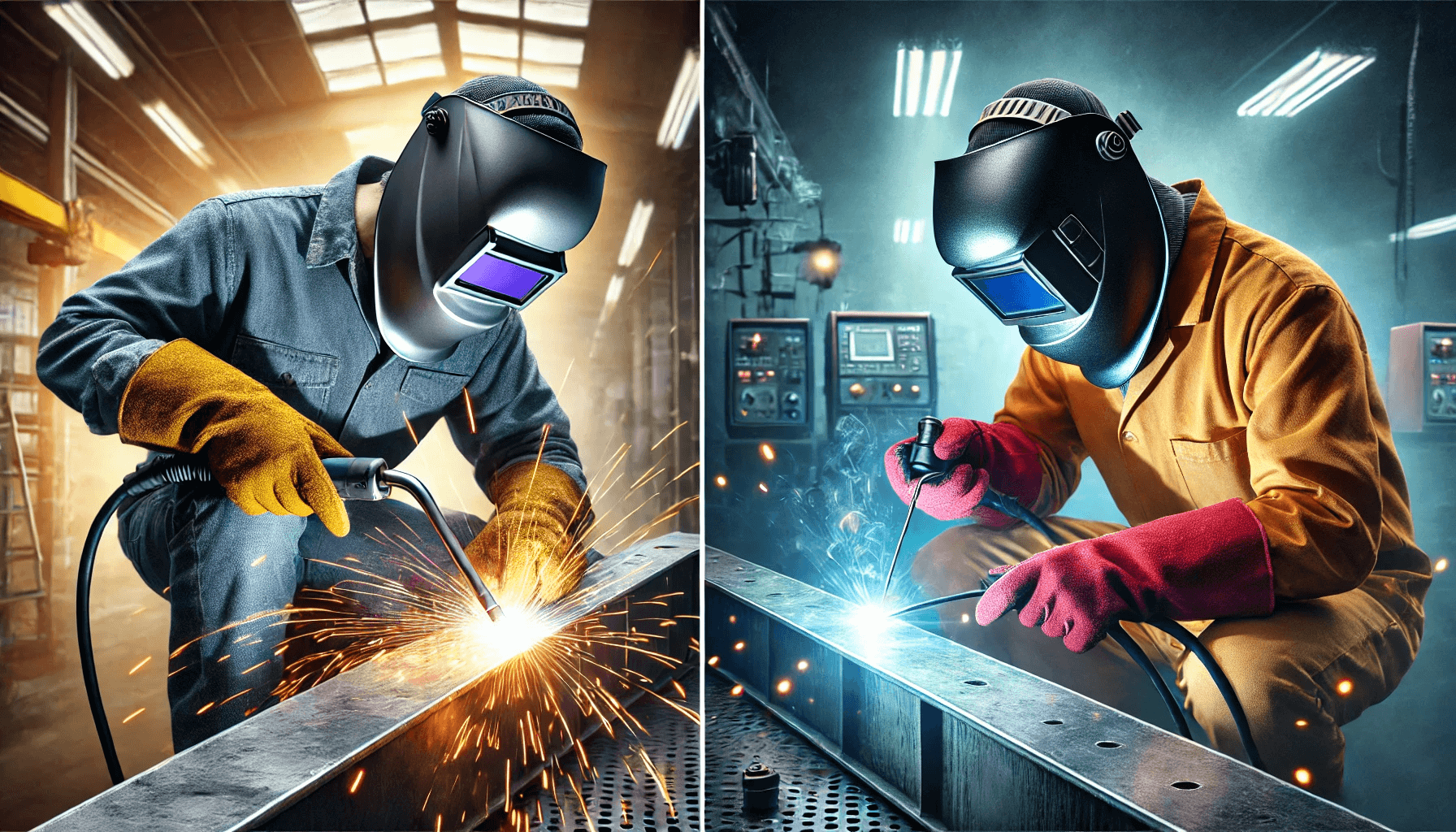 Side-by-side comparison of MIG welding and TIG welding for aluminum, highlighting speed, precision, and equipment differences in an industrial workshop setting.