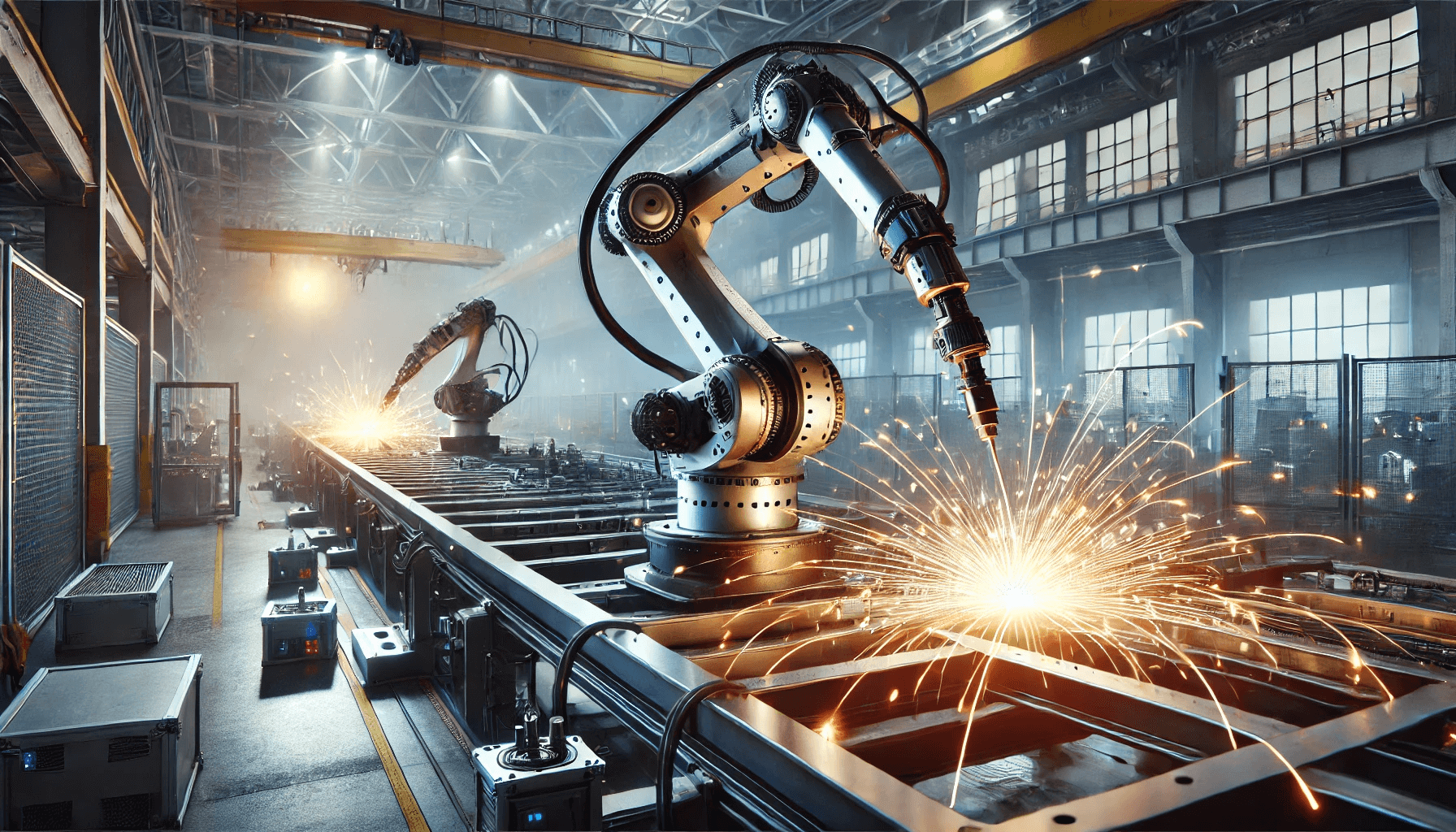 A highly realistic industrial scene of spot welding, featuring robotic arms welding metal sheets with bright sparks flying in a factory setting