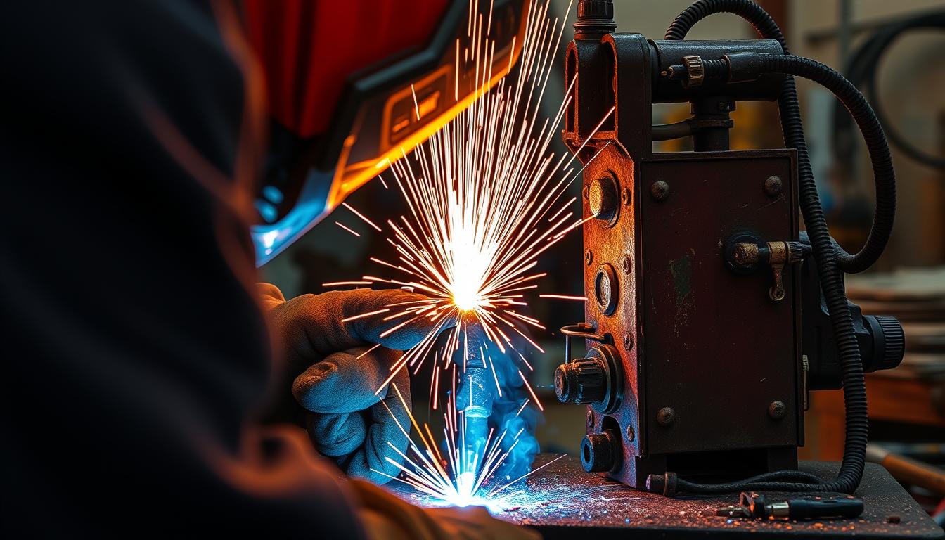 A close-up view of a MIG welding process, showcasing bright arcs of molten metal, a welder in protective gear, sparks flying, and the intricate details of the welding machine setup, all set in a workshop environment with tools and materials nearby.