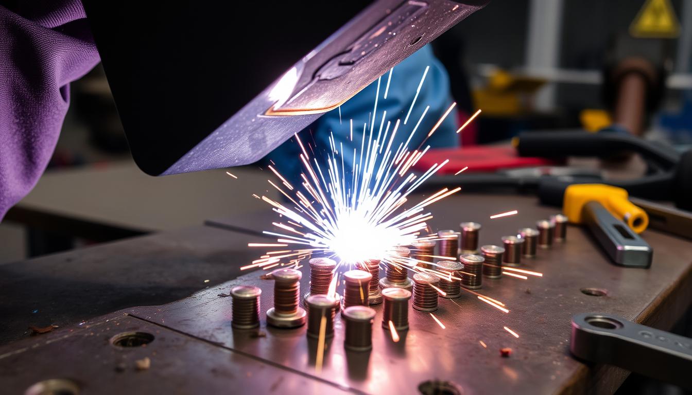 Close-up of the stud welding process with bright sparks, metal studs, and a welder in protective gear.