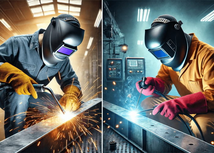 Side-by-side comparison of MIG welding and TIG welding for aluminum, highlighting speed, precision, and equipment differences in an industrial workshop setting.