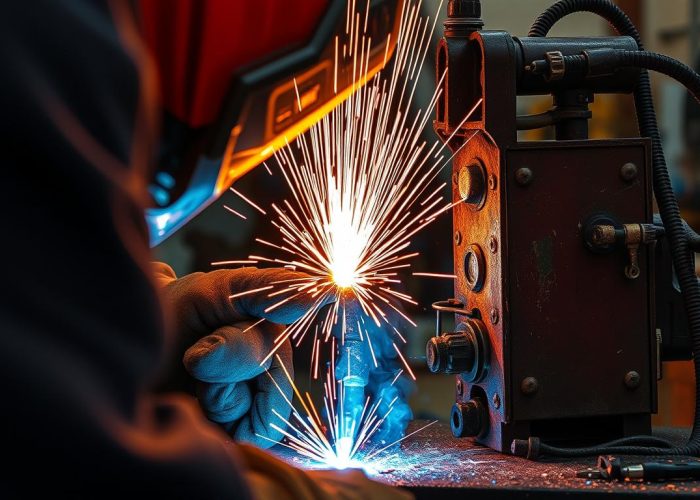 A close-up view of a MIG welding process, showcasing bright arcs of molten metal, a welder in protective gear, sparks flying, and the intricate details of the welding machine setup, all set in a workshop environment with tools and materials nearby.