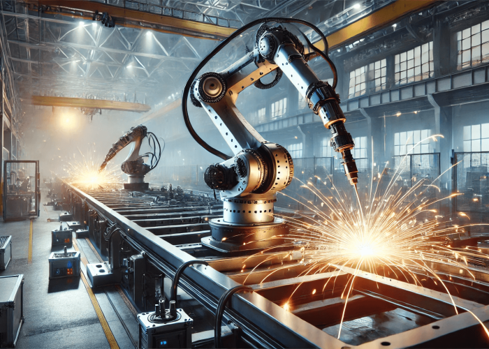 A highly realistic industrial scene of spot welding, featuring robotic arms welding metal sheets with bright sparks flying in a factory setting