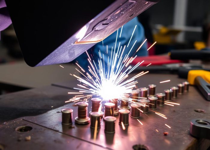 Close-up of the stud welding process with bright sparks, metal studs, and a welder in protective gear.